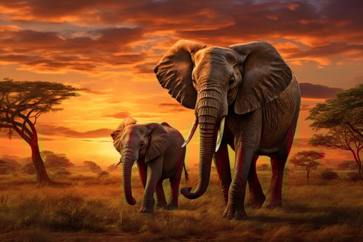 African elephant and baby elephant in savannah at sunset, digital painting, African savannah at sunset with two elephants Loxodonta africana, AI Generated photo