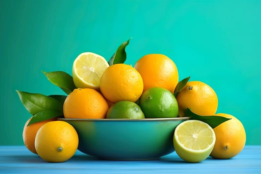 Food Photography of a vibrant collection of citrus fruits, including oranges, lemons, and grapefruits. photo