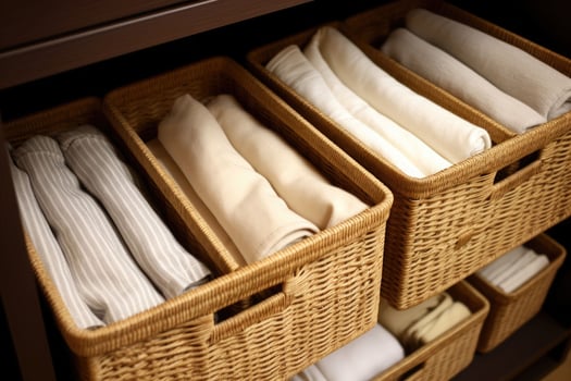 Bed linens closet arrangement on shelves. Minimalist comfortable storage. Generative AI photo
