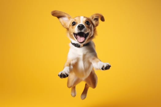 cute dog on yellow background, AI Generated photo