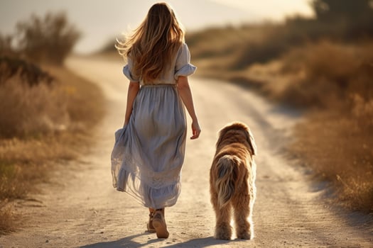 young woman walking her dog in the park in autumn day, AI Generated photo