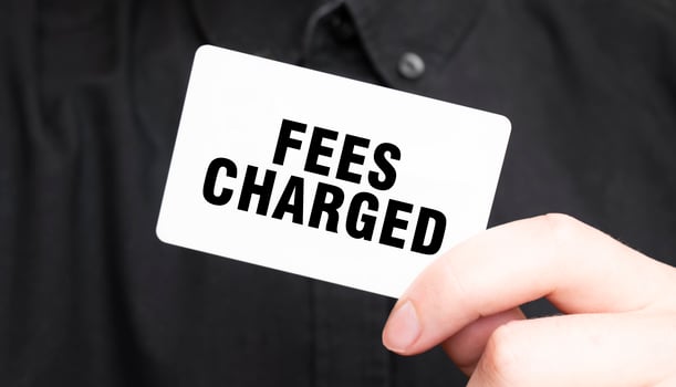 Businessman holding a card with text FEES CHARGED, business concept photo