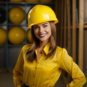 Beautiful female construction worker wearing a yellow hardhat, photo