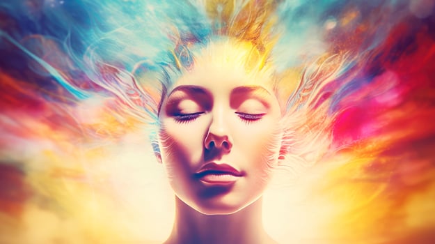 Woman sleeping and dreaming. Psychic girl considers mind and heart, spirituality, esotericism. Psychic waves concept, Generative AI illustration photo