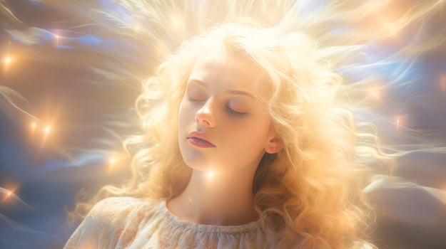 Woman sleeping and dreaming. Psychic girl considers mind and heart, spirituality, esotericism. Psychic waves concept, Generative AI illustration photo