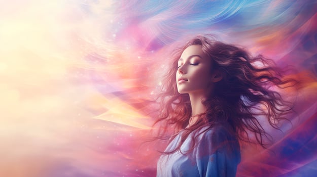 Woman sleeping and dreaming. Psychic girl considers mind and heart, spirituality, esotericism. Psychic waves concept, Generative AI illustration photo