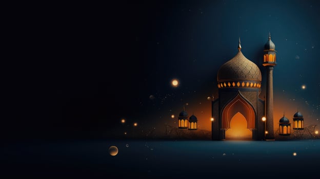 Ramadan Kareem background with mosque and moon, Eid greetings background, Mosque night view photo