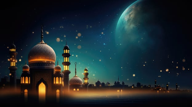Ramadan Kareem background with mosque and moon, Eid greetings background, Mosque night view photo
