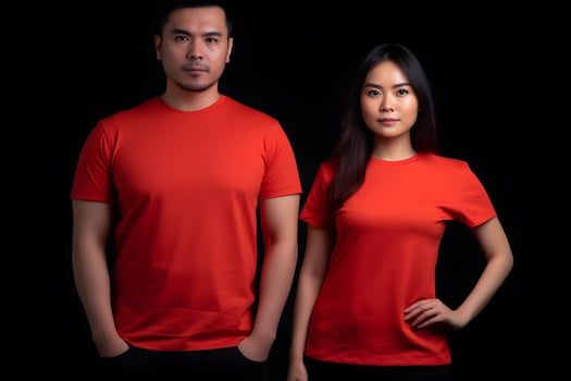 Generative AI. Blank Red T-Shirt Mockup on Male and Female Model Showcase Your Designs in Style photo