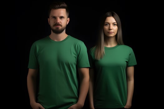 Generative AI. Blank Green T-Shirt Mockup on Male and Female Model Showcase Your Designs in Style photo