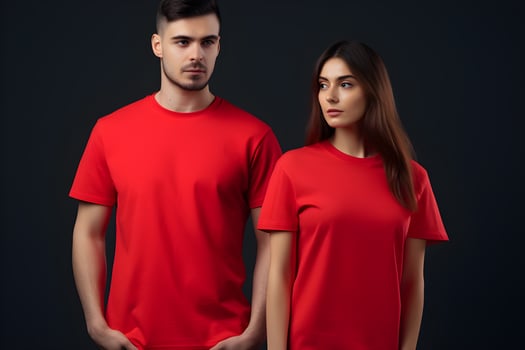 Generative AI. Blank Red T-Shirt Mockup on Male and Female Model Showcase Your Designs in Style photo