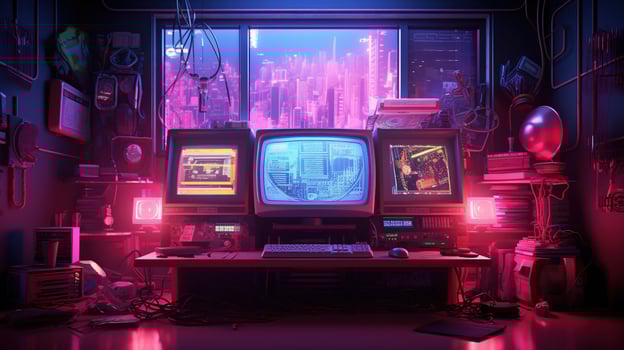 Generative AI, Computer on the table in cyberpunk style, nostalgic 80s, 90s. Neon night lights vibrant colors, photorealistic horizontal illustration of the futuristic interior. Technology concept. photo