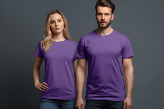 Generative AI. Blank Purple T-Shirt Mockup on Male and Female Model Showcase Your Designs in Style photo