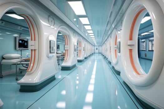 Medical concept materialized in the hospital corridor with interconnected rooms AI Generated photo