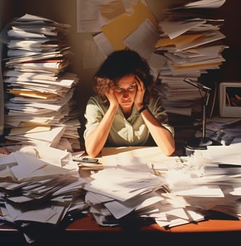 A person sits at a cluttered desk, business and marketing stock photos