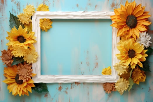 Picture frame lined with sunflowers photo