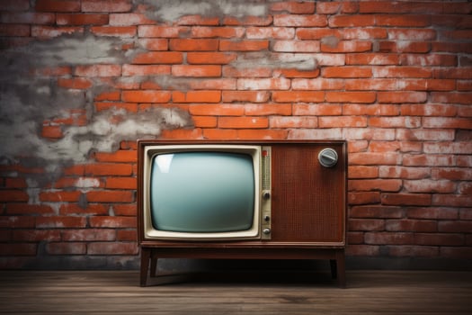 Vintage TV against a brick wall. Retro style. photo