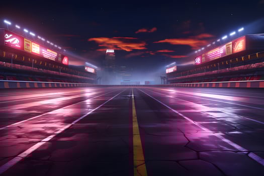 asphalt racing track and illuminated race sport at stadium evening arena and spotlight, AI generate photo