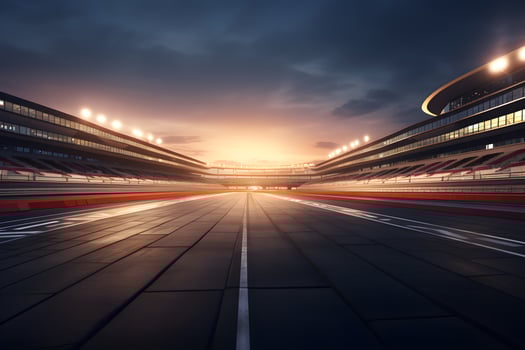 asphalt racing track and illuminated race sport at stadium evening arena and spotlight, AI generate photo