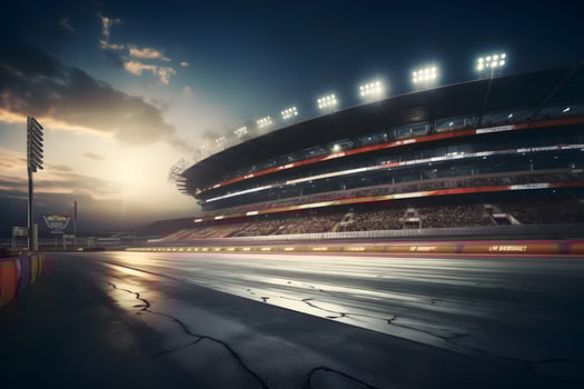 asphalt racing track and illuminated race sport at stadium evening arena and spotlight, AI generate photo