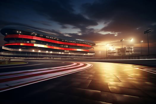 Curved asphalt racing track and illuminated race sport at stadium evening arena and spotlight, AI generate photo