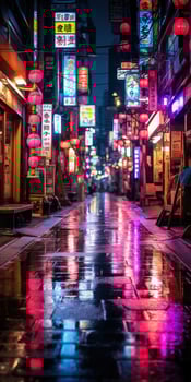 Generative AI, Night scene of after rain city in cyberpunk style, futuristic nostalgic 80s, 90s. Neon lights vibrant colors, photorealistic vertical illustration. photo