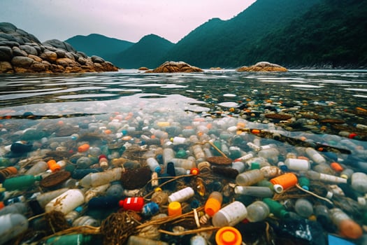 large number of plastic bottles and other in water against mountains Pollution of sea or ocean with plastic waste Ecological disaster generative ai photo