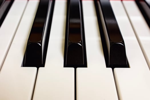 Piano keyboard white and black keys close up front view photo