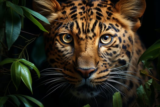 Intricate beauty, a young leopards intense stare amid lush forest AI Generated photo