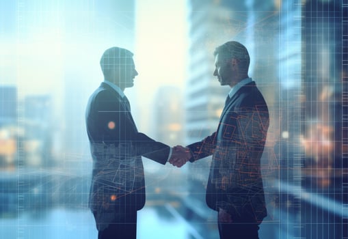 Ai generative photo american business male people shaking hands skyscrapers in the background