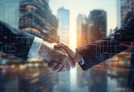 Ai generative photo american business male people shaking hands skyscrapers in the background