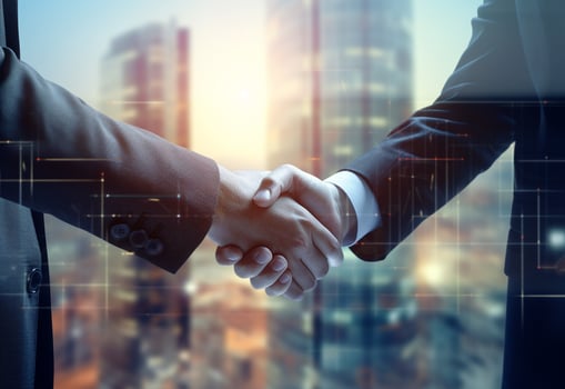 Ai generative photo american business male people shaking hands skyscrapers in the background