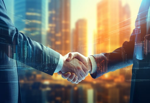 Ai generative photo american business male people shaking hands skyscrapers in the background