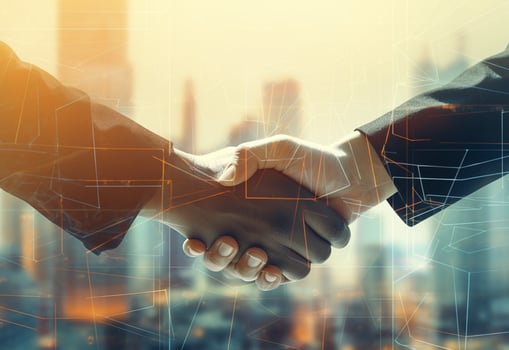 Ai generative photo american business male people shaking hands skyscrapers in the background