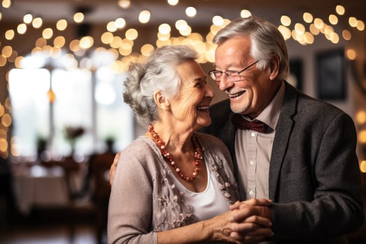 Elderly couple dancing at a social event  photo with empty space for text
