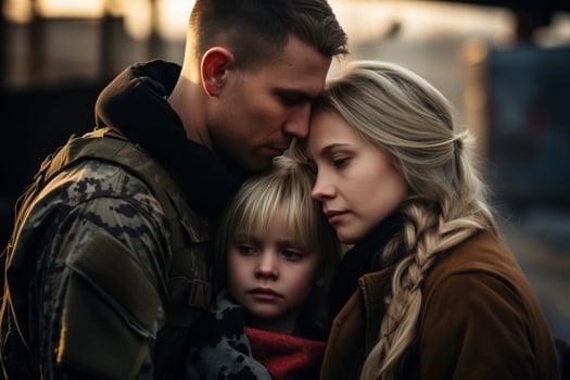 Soldier saying goodbye to his family  photo with empty space for text