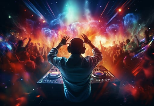 Ai generative DJ playing and mixing music in nightclub party at night . EDM dance music club with crowd of young people photo