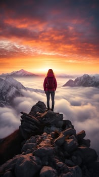 a woman on top of a mountain peak with view of clouds and sunrise photo
