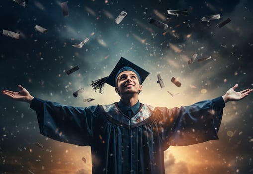 Ai generative Double exposure photo of Young man throwing graduation cap technology background realistic image