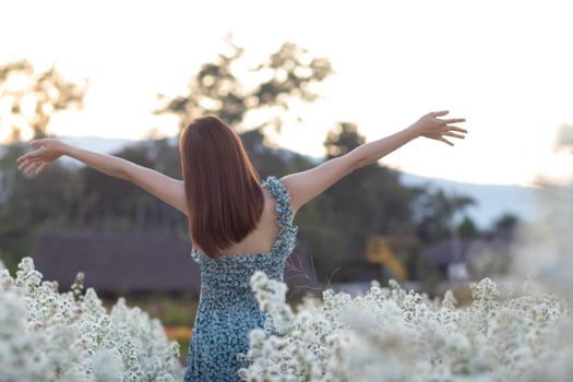 back of a beautiful tourist admiring the flower garden in Chiang Mai blessed because the flower garden looks beautiful. woman is blessed a walk in the beautiful flower garden and the bright nature. photo