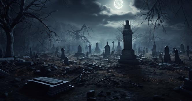 Night scene in a cemetery with gravestones photo