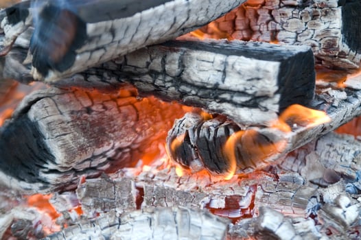 a close up of a fire with wood and coal photo