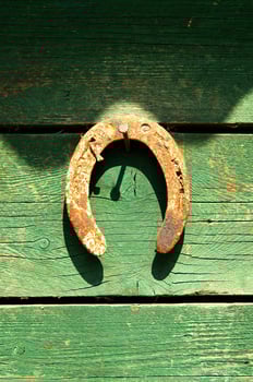 a horse shoe on a wooden wall photo