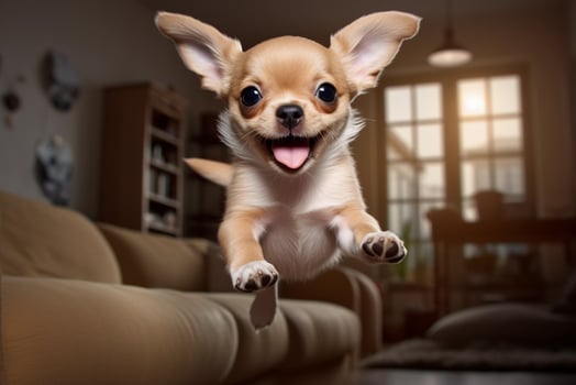 Domestic Animal Concept. Portrait of cute puppy in living room at home. free copy space photo