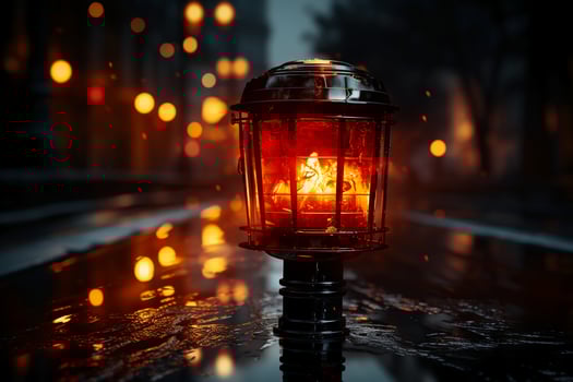Warning lamp in the street at night. Red alert lamp or warning indicator. AI generative photo