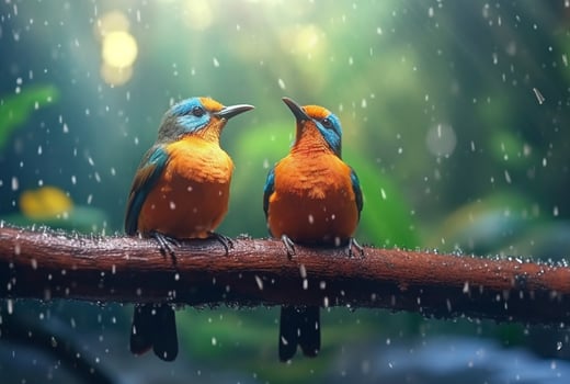 a pair of beautiful birds in the forest with raindrops and nature blurred background. generative ai photo