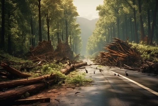 view of an asphalt road in the middle of a forest with trees collapsing due to a natural disaster. generative ai photo