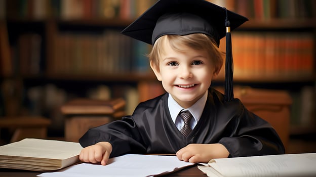A child boy in a black robe and cap sits at a table in a library with open books. The concept of the beginning of the school year.  AI Generative photo