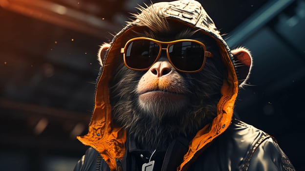 Monkey in sunglasses, close-up face. AI generated photo