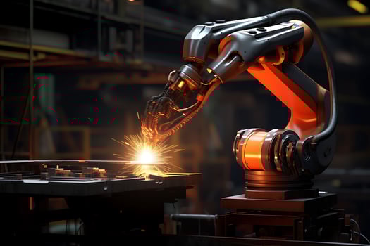 Welding robot for welding various parts. Industrial concept of modern production process.  AI Generative photo